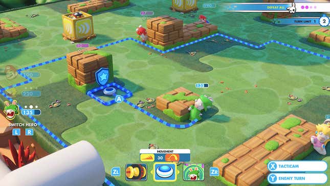 rabbid hiding behind cover on a green level in mario rabbids kingdom battle on nintendo switch - best switch games