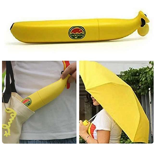 An umbrella shaped like a banana.