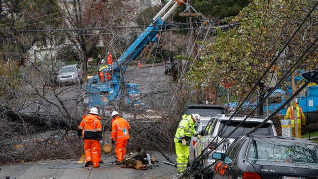 PG&amp;E utilities workers clear a fallen tree which took down some power lines next to Bella Vista Elementary School in the Bella Vista neighborhood in Oakland, California, on Wednesday, January 4, 2023.