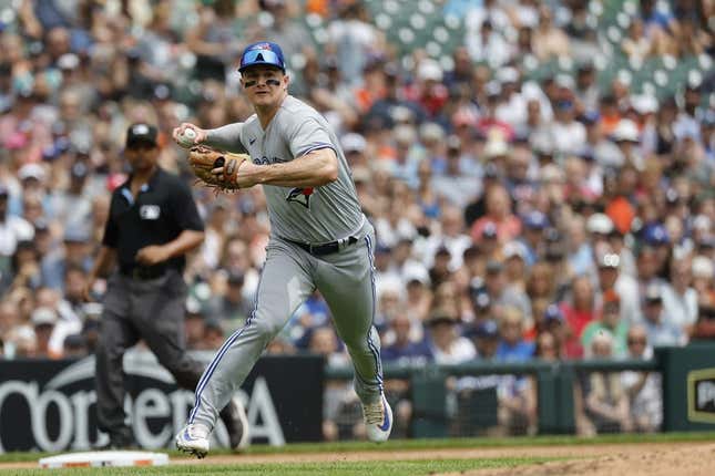 Jul 9, 2023; Detroit, Michigan, USA;  Toronto Blue Jays third baseman Matt Chapman (26) makes a throw to first for an out in the second inning against the Detroit Tigers at Comerica Park.