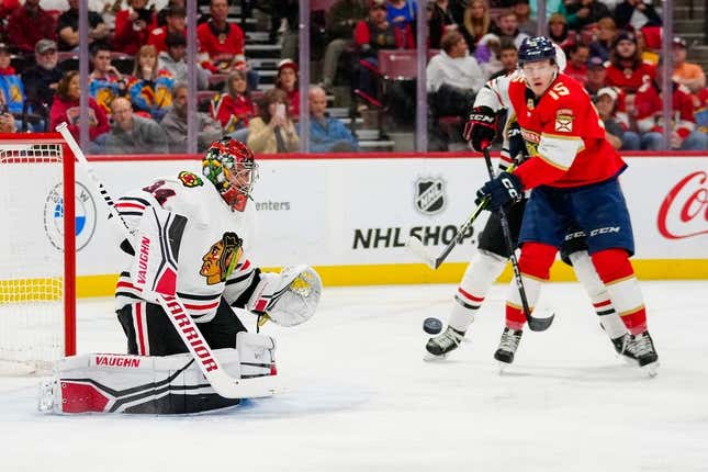 Mar 10, 2023; Sunrise, Florida, USA; Chicago Blackhawks goaltender Petr Mrazek (34) makes a save against the Florida Panthers during the second period at FLA Live Arena.