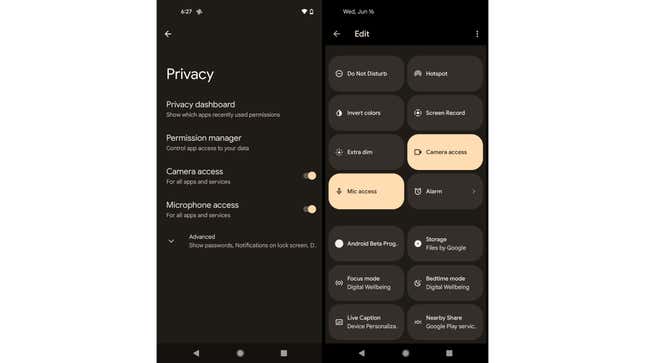 Screenshots of the Privacy Switches in Android 12 Beta 2. 
