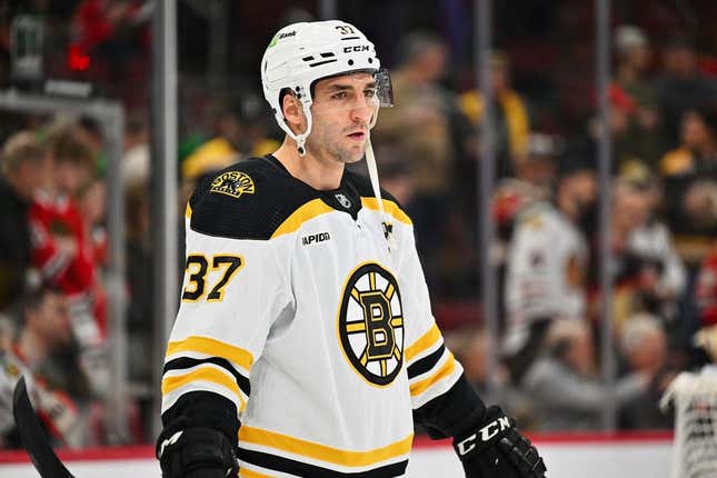 Mar 14, 2023; Chicago, Illinois, USA;  Boston Bruins forward Patrice Bergeron (37) warms up before a game against the Chicago Blackhawks at United Center.