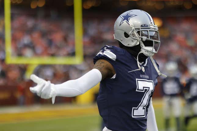 Jan 8, 2023; Landover, Maryland, USA; Dallas Cowboys cornerback Trevon Diggs (7) gestures on the field during warmups prior to the Cowboys&#39; game against the Washington Commanders at FedExField.