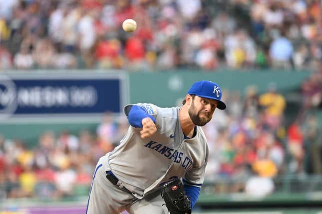 Aug 9, 2023; Boston, Massachusetts, USA;Kansas City Royals starting pitcher Jordan Lyles (24) pitches against the Boston Red Sox during the first inning at Fenway Park.