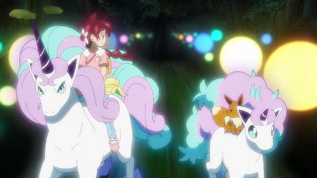 Chloe and Eevee are seen riding on Galarian Rapidash and Ponyta.