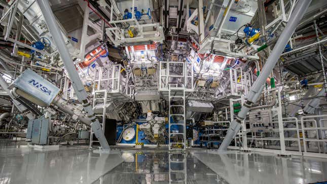 The National Ignition Facility’s target chamber, where scientists beam 192 lasers into a fuel pellet the size of a peppercorn. 