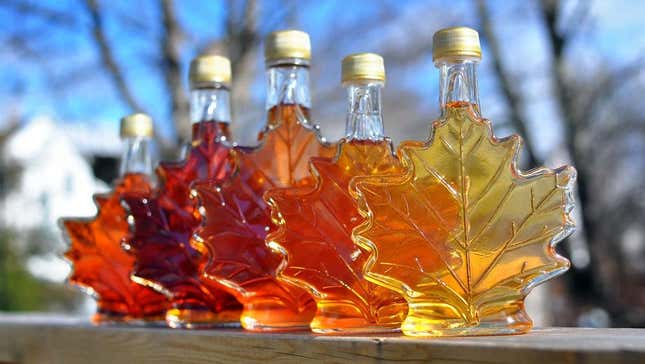 Various maple syrups in maple leaf shaped bottles