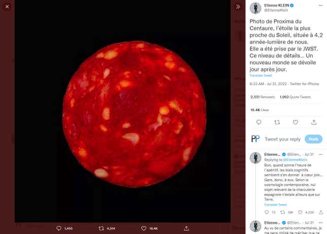 Imagen para el artículo titulado Esta impresionante foto viral del telescopio Webb en realidad era una loncha de chorizo