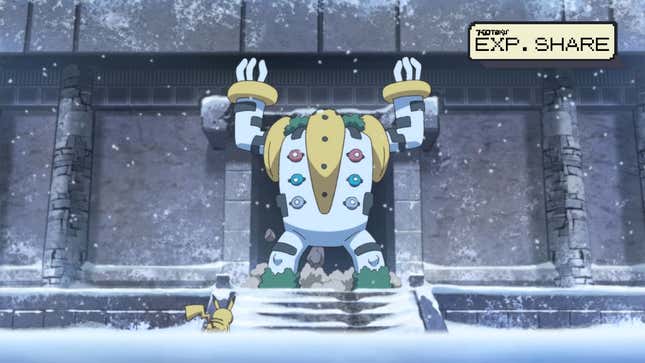 Regigigas is shown emerging from its temple while Pikachu faces it.