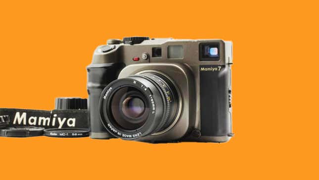 A photo of a Mamiya 7 medium format camera.