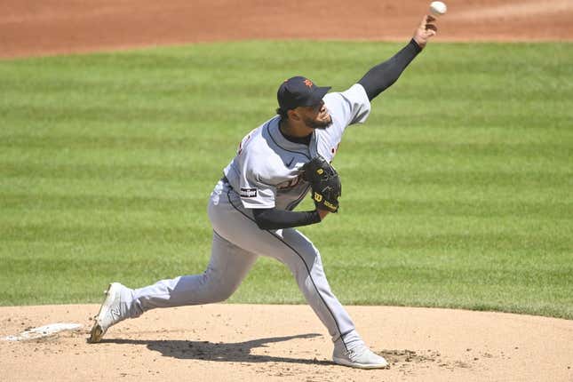 Aug 20, 2023; Cleveland, Ohio, USA; Detroit Tigers starting pitcher Eduardo Rodriguez (57) delivers a pitch in the first inning against the Cleveland Guardians at Progressive Field.