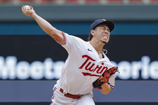 Sep 9, 2023; Minneapolis, Minnesota, USA; Minnesota Twins starting pitcher Kenta Maeda (18) throws to the New York Mets in the first inning at Target Field.