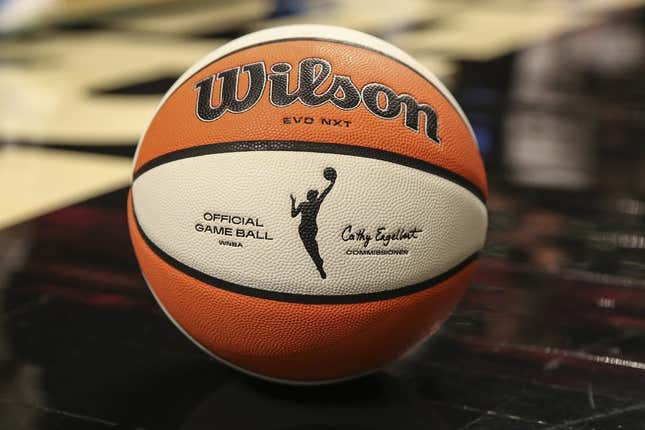 Aug 23, 2022; Brooklyn, New York, USA; A detail view of a basketball on the court prior to game three of the first round between the New York Liberty and the Chicago Sky at Barclays Center.