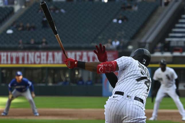 Sep 12, 2023; Chicago, Illinois, USA;  Chicago White Sox designated hitter Eloy Jimenez (74) hits an RBI single against the Kansas City Royals during the first inning at Guaranteed Rate Field.