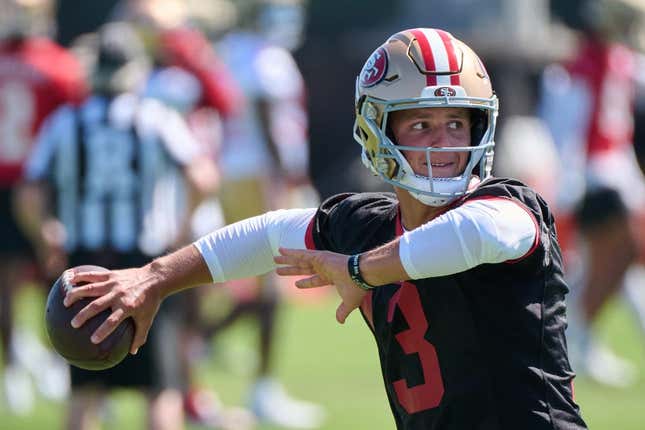 Jul 27, 2023; Santa Clara, CA, USA; San Francisco 49ers quarterback Brock Purdy (13) throws a pass during training camp at the SAP Performance Facility.