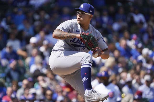 Apr 21, 2023; Chicago, Illinois, USA; Los Angeles Dodgers starting pitcher Julio Urias (7) throws the ball against the Chicago Cubs during the first inning at Wrigley Field.