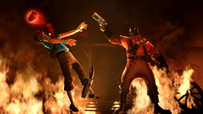Team Fortress 2 character the Pyro blasts an enemy with a gun.