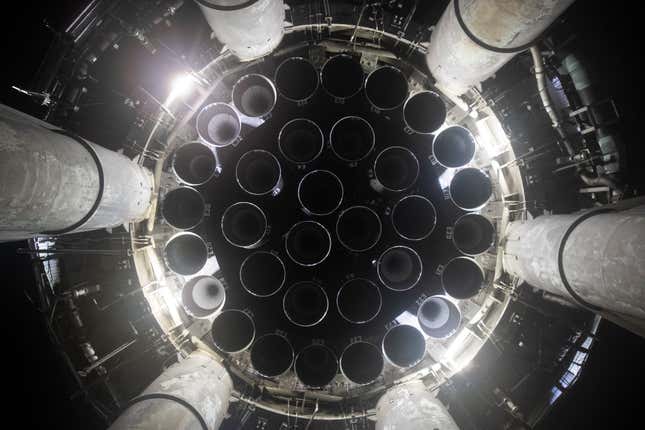 The view beneath Booster 7, showing all 33 Raptor engines. 