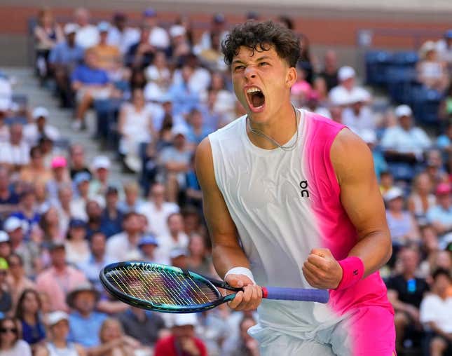 Sept 3, 2023; Flushing, NY, USA; Ben Shelton of the USA after a winner in the 4th set to Tommy Paul of the USA on day seven of the 2023 U.S. Open tennis tournament at USTA Billie Jean King National Tennis Center.