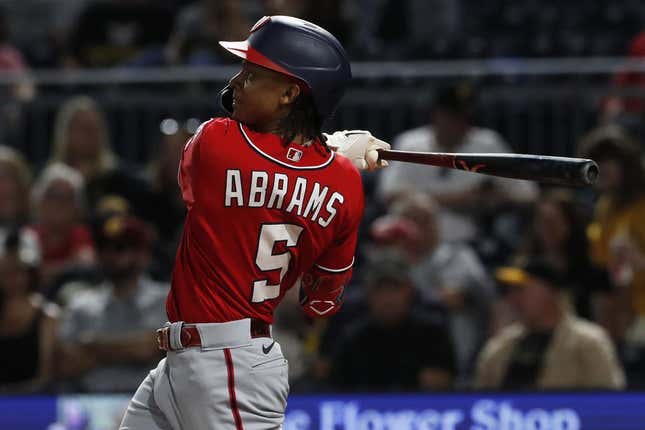 Sep 11, 2023; Pittsburgh, Pennsylvania, USA;  Washington Nationals shortstop CJ Abrams (5) hits a solo home run  against the Pittsburgh Pirates during the seventh inning at PNC Park.