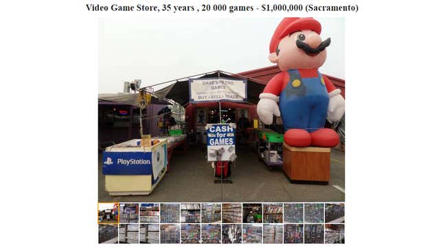 A screenshot shows a Craigslist ad selling a video game store for $1 million. 
