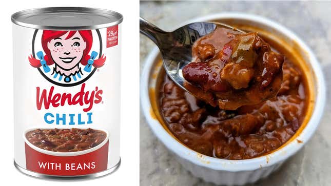 Wendy's chili in a can (left) and in a bowl (right)