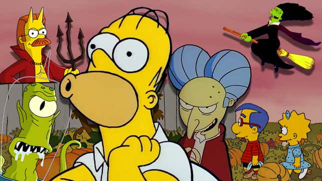 An image shows a collage of Simpsons Halloween characters and moments. 