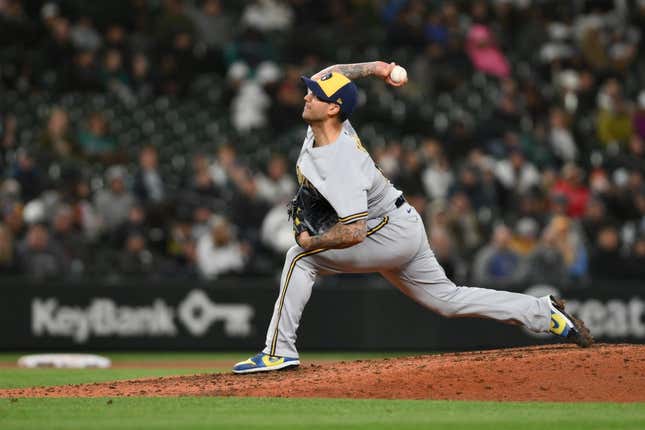 Apr 18, 2023; Seattle, Washington, USA; Milwaukee Brewers relief pitcher Matt Bush (21) pitches to the Seattle Mariners during the eighth inning at T-Mobile Park.