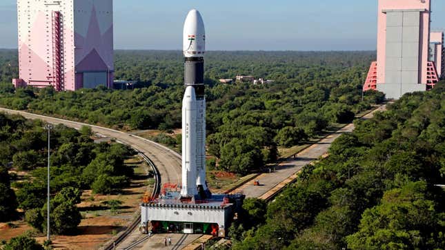 India's heaviest rocket prepared ahead of the launch from the Satish Dhawan Space Center in Sriharikota, India.