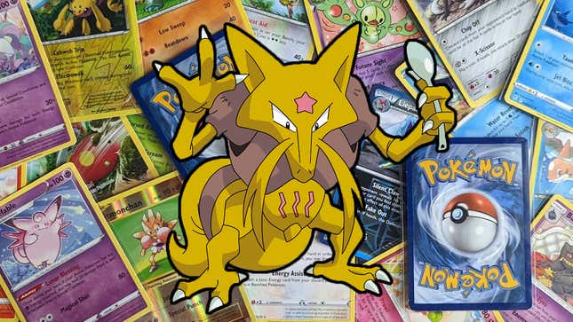 A Kadabra sits on top of a pile of Pokémon cards. 