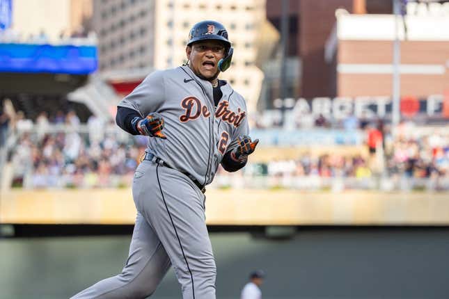 Aug 15, 2023; Minneapolis, Minnesota, USA; Detroit Tigers designated hitter Miguel Cabrera (24) celebrates after hitting a two-run home run during the second inning against the Minnesota Twins at Target Field.