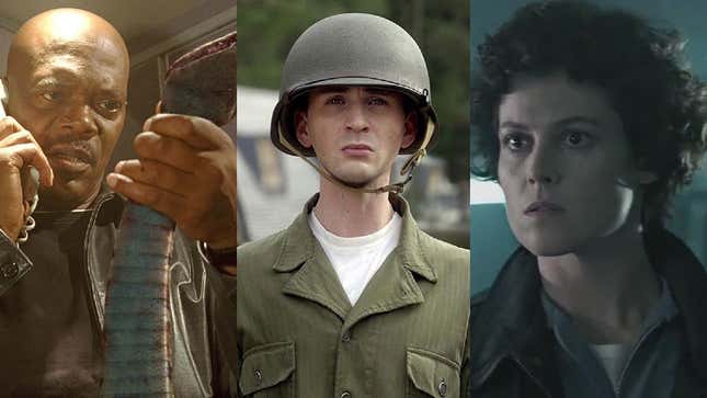 Three photos left to right: Samuel L. Jackson holds a snake, on a plane, Chris Evans' prior to the super soldier serum in Captain America wears his military gear proudly, and Sigourney Weaver's Riley looks incredulous at someone telling her they don't need to worry about that alien.