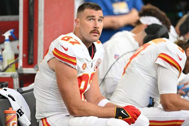 Kansas City Chiefs tight end Travis Kelce (87) looks on before an