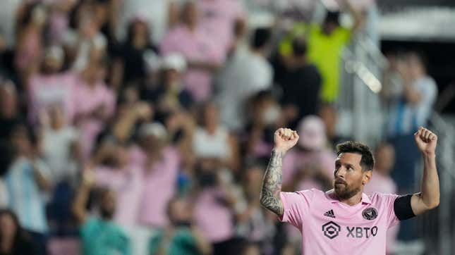 Lionel Messi celebrates after scoring Inter Miami’s third goal against Orlando City 