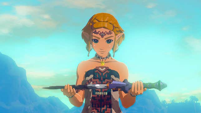 Princess Zelda holds a broken sword.
