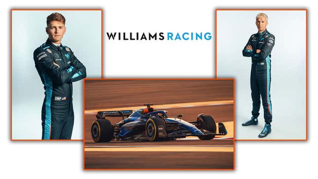 A collage of images of Alex Albon, Logan Sargeant and the 2023 Williams F1 car. 