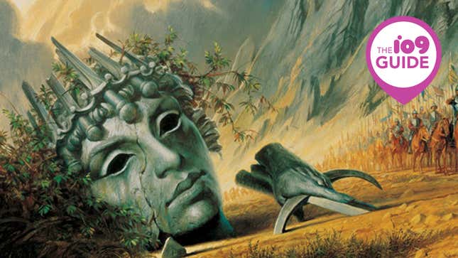 A crop of the illustrated The Path of Daggers Wheel of Time cover by Darrell K Sweet features a giant statue head with a crown of swords lying on the ground as a large army on horseback rides by.