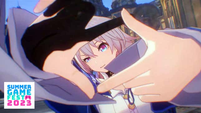 A character in Honkai: Star Rail frames a scene with their hands.