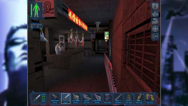 A screenshot from Deus Ex shows a first person perspective of the player walking through a market, with HUD indications for their inventory and health.