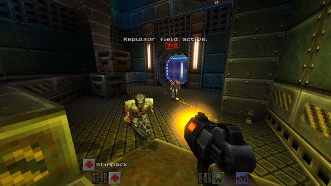 A player shoots at advancing enemies in Quake II.