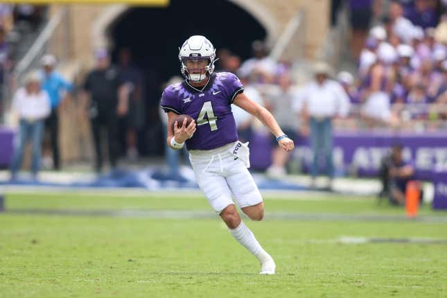 Sep 2, 2023; Fort Worth, Texas, USA; TCU Horned Frogs quarterback Chandler Morris (4) runs the ball in the second quarter against the Colorado Buffaloes at Amon G. Carter Stadium.