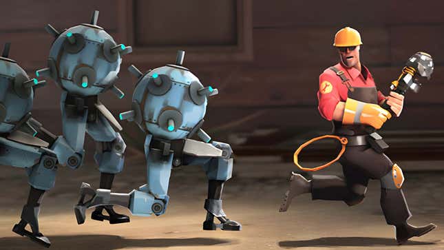 A man holding a wrench and wearing a hard hat runs away from blue robots. 