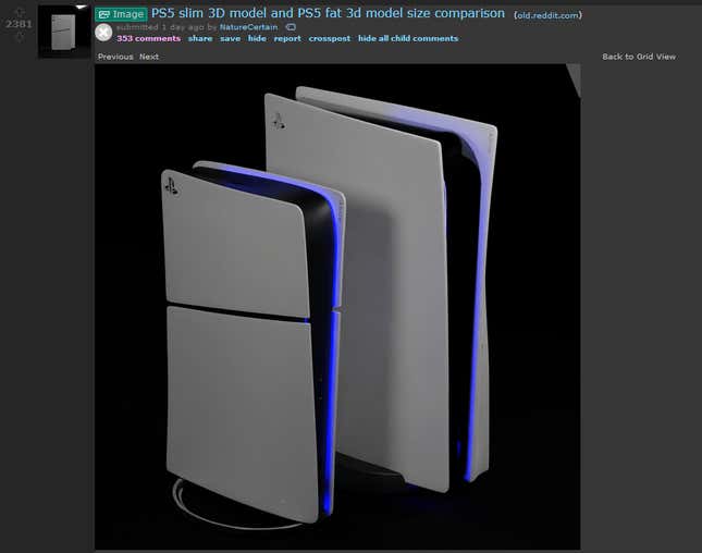 An image shows a side by side comparison of the PS5 and PS5 slim. 