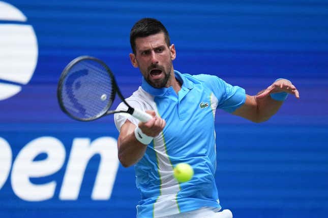 Sep 5, 2023; Flushing, NY, USA; Novak Djokovic of Serbia hits to Taylor Fritz of the United States on day nine of the 2023 U.S. Open tennis tournament at USTA Billie Jean King National Tennis Center.