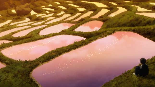 The animated Shinji Ikari sits watching the sun set from atop Village 03's fields of rice paddies.