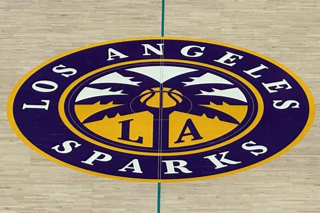 May 25, 2023; Los Angeles, California, USA; A general overall view of the LA Sparks logo at center court at Crypto.com Arena.