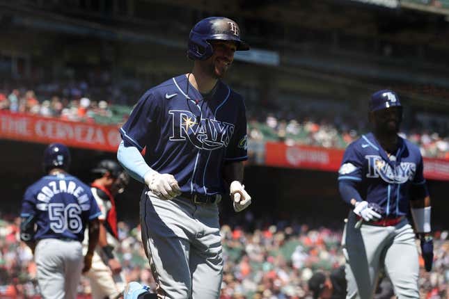 Aug 16, 2023; San Francisco, California, USA; Tampa Bay Rays second baseman Brandon Lowe (8) smiles after hitting a two run home run during the fifth inning against the San Francisco Giants at Oracle Park.