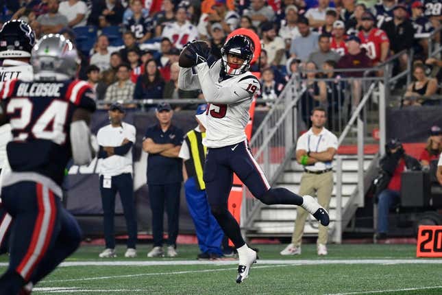 Aug 10, 2023; Foxborough, Massachusetts, USA; Houston Texans wide receiver Xavier Hutchinson (19) makes a catch during the second half against the New England Patriots at Gillette Stadium.
