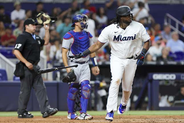 Sep 5, 2023; Miami, Florida, USA; Miami Marlins first baseman Josh Bell (9) looks on after hitting a two-run home run against the Los Angeles Dodgers during the fifth inning at loanDepot Park.